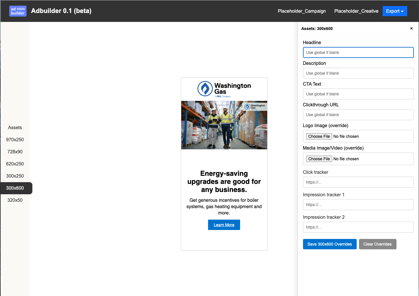 Generate ad creatives across sizes from core assets.