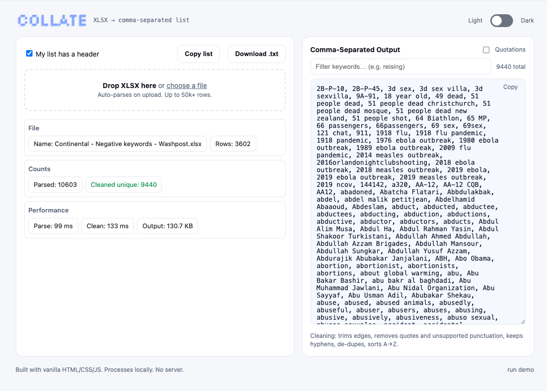Convert a single spreadsheet column into a cleaned, comma-separated string