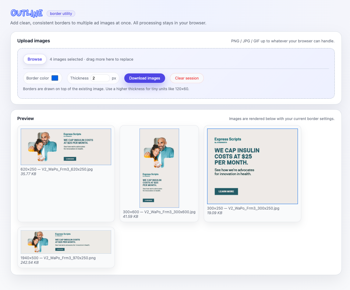 Outline tool showing a creative with a blue border applied
