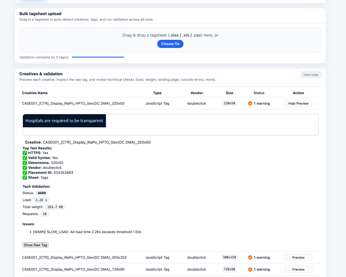 Validate third-party tags and preview creatives instantly.