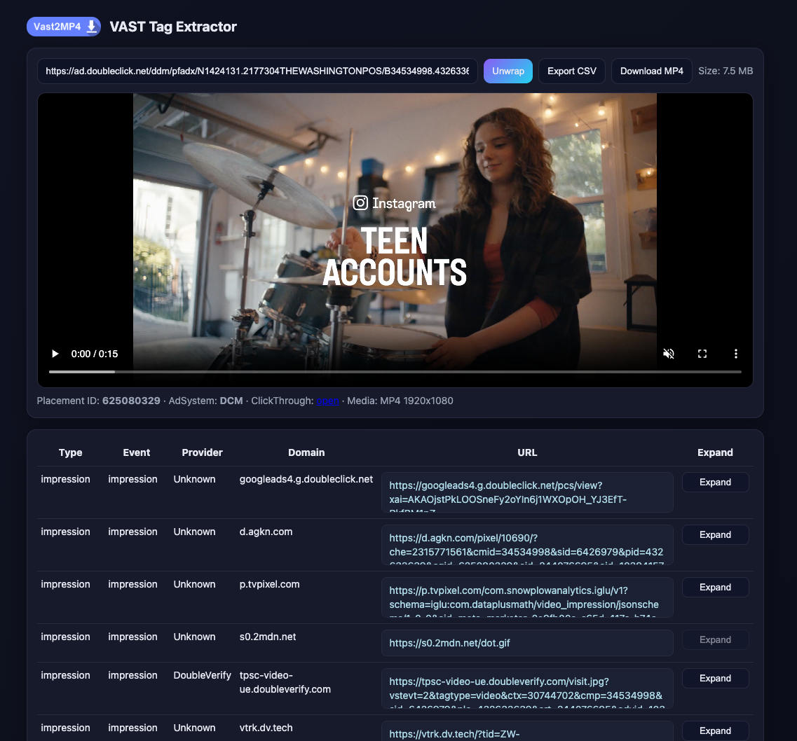 Extract MP4 files and trackers from VAST tags.